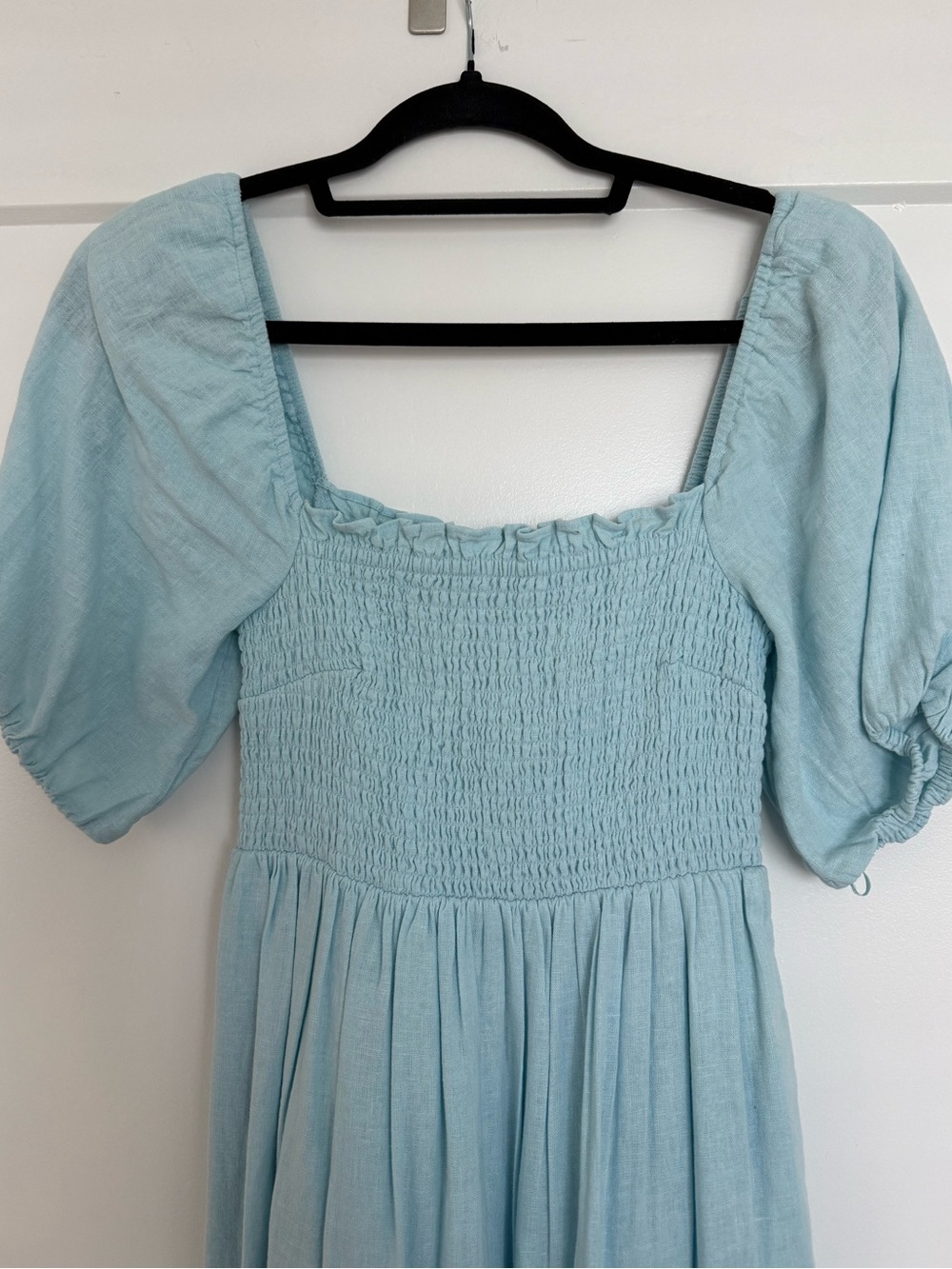 Abercrombie & Fitch Pale Blue Smocked Maxi Dress with Puff Sleeves